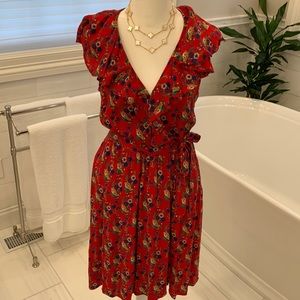 Red Floral Ruffle Wrap Dress